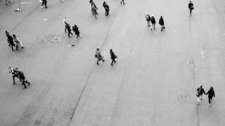 View from above of people walking